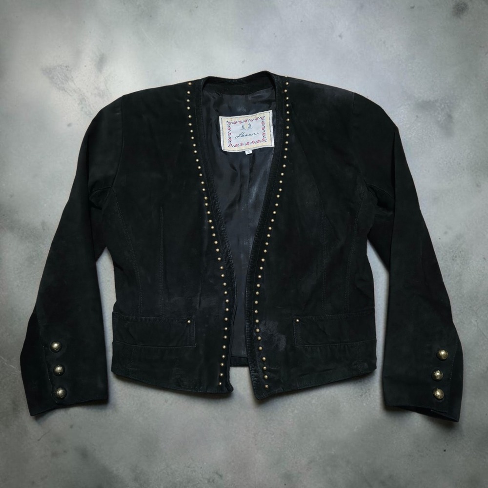 Vintage Lanna Black Suede Leather Gold Studded Jacket Open Blazer Womens Size 6